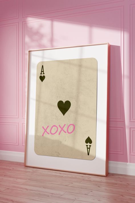 Ace Wall Art, Xoxo Above Bed, Pink Playing Card Poster, Xoxo Wall Art, Xo Print, Cute Apartment Decor, Cute Apartment, Neutral Wall Decor, Ace Of Hearts