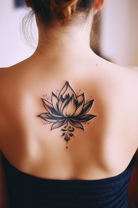 A woman's back with a black and white lotus flower tattoo. Lotus Cover Up Tattoo For Women, Flower Roots Tattoo, Small Feminine Back Tattoos, Lotus Flower Tattoo On Back, Interesting Tattoos For Women, Unique Lotus Flower Tattoo, Lotus Cover Up Tattoo, Lotus Tattoos For Women, Lotus Hand Tattoo