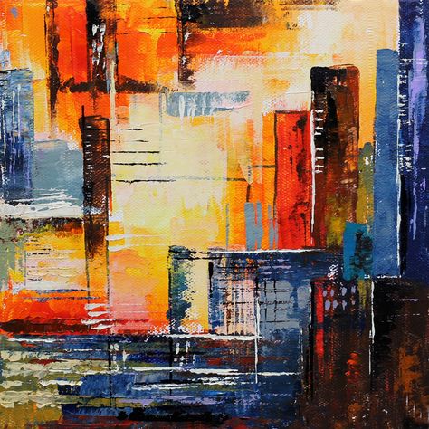 Abstract Cityscape Painting with palette knife for beginners / Acrylic painting tutorial easy. Abstract City Painting Acrylics, City Painting Acrylic Easy, Abstract Cityscape Painting, Painting With Palette Knife, Abstract Impressionist Paintings, City Scape Painting, Beginners Acrylic Painting, Abstract Cityscape, Roses Aesthetic