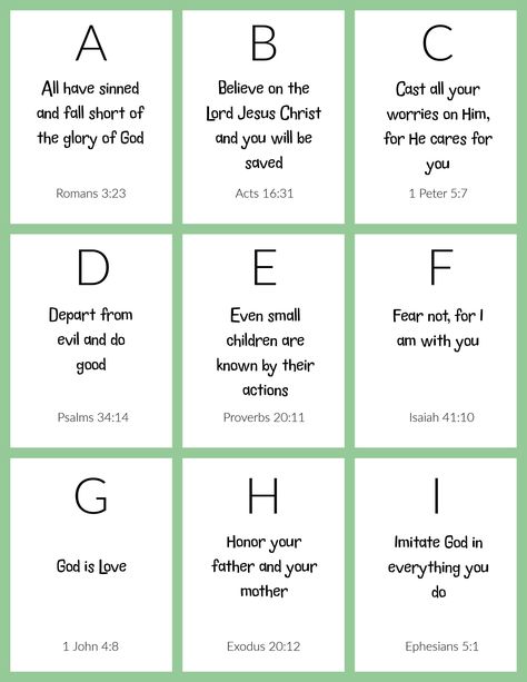 This listing will include 3 pages and all letters A-Z ABC Bible Verse Memory Cards to Download and Print! Help your child learn Bible Verses using the ABC's. A great way to teach kids to memorize Bible Verses. Just download the three pages and then print them on regular 8.5 by 11in paper and cut them into cards if you want. You can also print them on card stock or laminate them to make them stronger.  Thanks for checking out my listing! Amanda Jean Abc Memory Verses, Preschool Memory Verses, Abc Scriptures For Kids, Bible Verses For Toddlers To Memorize, Alphabet Bible Verses For Kids, Kids Bible Verses To Memorize, Abc Bible Verses For Kids, Toddler Memory Verses, Bible Verse For Kids To Memorize