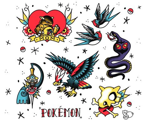 Pokemon Trad Tattoo, Traditional Gaming Tattoo, Japanese Style Pokemon Tattoo, Traditional Tattoo Pokemon, Japanese Pokemon Tattoo, Traditional Style Pokemon Tattoo, Pokemon American Traditional Tattoo, American Traditional Pokemon, American Traditional Tattoos Anime