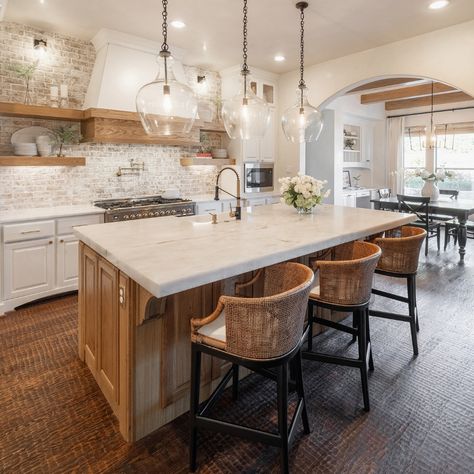 This kitchen brings the Olde World into the New World with vintage appeal found in the lime-washed brick backsplash, diamond plaster finishes, nostalgic stove, and fixture selections. Gorgeous quartzite countertops, top-grade appliances, and a chefs delight in storage features keep this timeless kitchen current! #KnoxvilleInteriorDesigner #InteriorDesign #HomeDecor #KitchenDesign Farmhouse Game Room, Brick Kitchen Backsplash, Retirement House Plans, Timeless Kitchen Design, Brick Backsplash Kitchen, Kitchen Mood Board, Brick Kitchen, Brick Backsplash, Quartzite Countertops