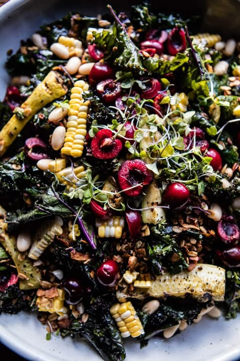 Sunflower Seed, Kale and Cherry Salad with Savory Granola | halfbakedharvest.com @hbharvest Cherry Salad, Savory Granola, Cherries Salad, Easter Brunch Menu, Half Baked Harvest, Sunflower Seed, Delicious Salads, Kale, Granola