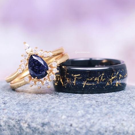 Starry Night Couples Ring Set - His and Hers Night Court Wedding Bands ►Celebrate your love story with the Starry Night Couples Ring Set, a perfect blend of elegance and mystique. Inspired by the ethereal beauty of the Night Court, these His and Hers wedding bands are designed for couples who seek something truly unique and meaningful. ►Her Ring: Crafted in luxurious 14K yellow gold vermeil, her band features a delicate design reminiscent of the twinkling stars in a midnight sky. The warm glow of the gold beautifully complements the starry pattern, creating a ring that is both enchanting and timeless. Please note that gold plating will naturally fade over time with regular wear. If this is a concern, we recommend choosing our sterling silver or solid gold jewelry options. ►His Ring: For hi Starry Night Ring, Night Court Wedding, Sandstone Ring, Night Engagement, Mens Wedding Bands Black, Starlit Sky, Unique Promise Rings, Couples Ring, Court Wedding