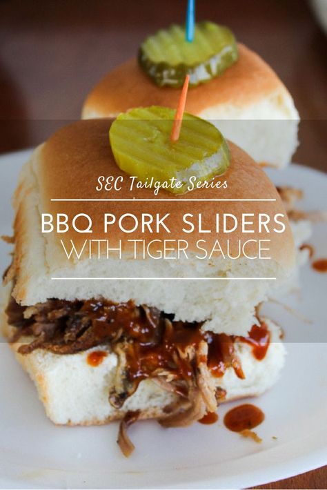 BBQ Pork Sliders with Tiger Sauce | Auburn Tailgate via @Buy This Cook That Auburn Tailgate, Tailgate Recipes, Slider Sandwiches, American Foods, Party Zone, Deer Camp, Bbq Sauces, Pork Sliders, Cooked Meal