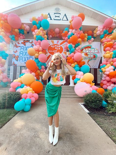 Sorority, bid day, balloons, golden hour, alpha xi delta Axid Bid Day, Sorority Bid Day Balloons, Colorful Sorority Theme, Golden Hour Recruitment, Groovy Bid Day Theme, Alpha Xi Delta Bid Day Themes, Fall Sorority Recruitment Themes, Alpha Xi Delta Bid Day, Golden Hour Sorority Theme