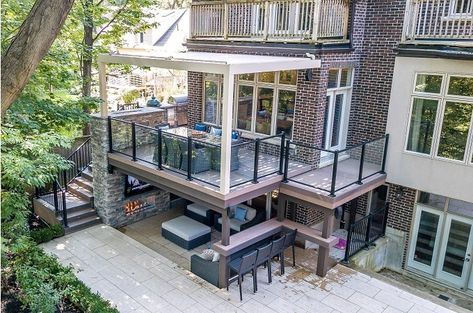 Balcony Around The House, Back Deck Over Walkout Basement, Sunken Patio Under Deck, Under Second Story Deck Ideas, Under Deck Porch Ideas, Two Story Backyard, Second Story Decks And Porches, Deck Design Ideas Second Story, Second Floor Deck With Roof