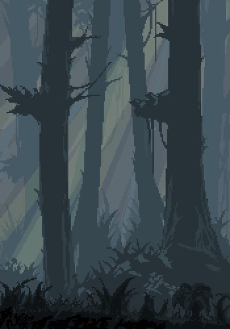 Found on Twitter, posted by @pixil_art , by artist Vkn643 Pixel Kawaii, Pixel Background, Pixel Art Landscape, Dark Forest Aesthetic, Forest Drawing, Drawing Application, Piskel Art, Pixel Art Background, Pixel Art Tutorial