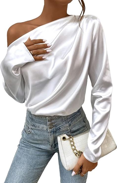 Elevate your style with this elegant satin silk off-shoulder blouse top. Made with high-quality fabric, it features long sleeves and a flattering fit. Perfect for both casual and formal occasions.  #ElegantBlouse #SatinSilkTop #OffShoulderFashion #VersatileStyle Satin Blouse Long Sleeve, White Satin Blouse, Mock Neck Blouse, Off The Shoulder Long Sleeve, Pretty Blouses, Satin Blouses, Elegant Blouses, Plain Tops, Blouse Tops