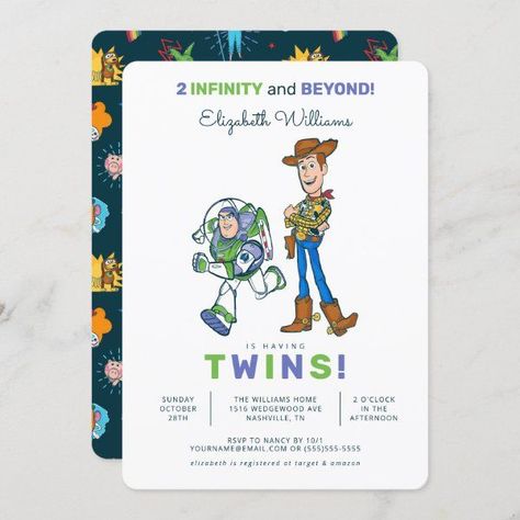 2 Infinity and Beyond Toy Story - Twin Baby Shower Invitation Woody Birthday, Toy Story Invitations, Toy Story Baby, 2nd Birthday Boys, Twins Baby Shower Invitations, Toy Story Theme, Second Birthday Ideas, Disney Baby Shower, 2nd Birthday Party Themes