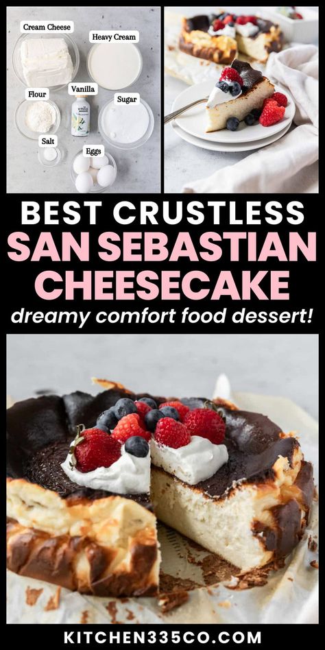 a cheesecake with burnt edges topped with whipped cream and berries Crustless Cheesecake, San Sebastian Cheesecake, Comfort Food Desserts, Christmas Dessert Table, Unique Desserts, Christmas Dessert, Food Dessert, San Sebastian, Vegetarian Cheese