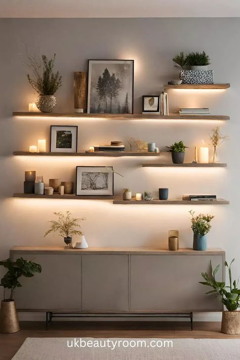 Decorative Wall Ideas, Shelf Decor Living Room, Minimalist Living Room Design, Living Room Shelves, Room Shelves, Home Design Living Room, Livingroom Layout, Dining Room Walls, Decoration Inspiration