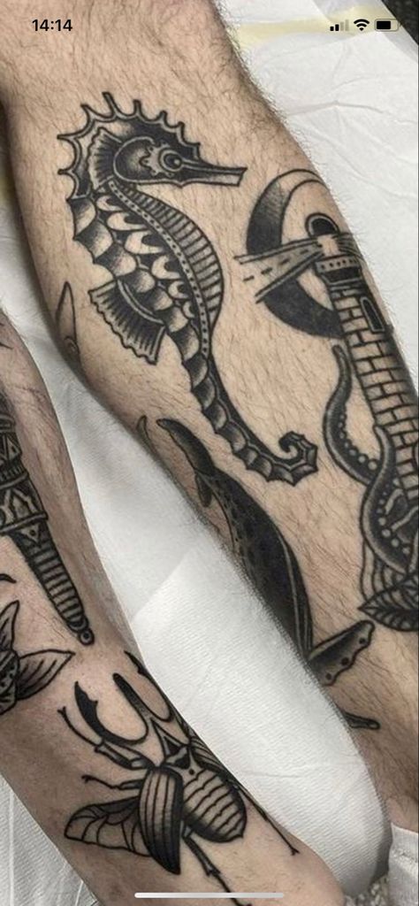 Trad Sea Tattoo, American Traditional Tattoos Black And White Sleeve, American Traditional Seahorse Tattoo, Nautical Patchwork Tattoo, Ocean Tattoos Black And White, Old School Sea Tattoo, Traditional Ocean Tattoo Sleeve, American Traditional Sea Tattoo, Old School Patchwork Tattoo