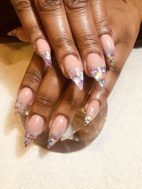 Stiletto Nails Ombré Acrylic Glitter Ombré Nails Acrylic Almond Short Spring, Encapsulated Almond Nails, Short Stelltos Nails, Ombre Stilleto Nails, Stiletto Ombre Nails, Short Encapsulated Nails, Clear Stiletto Nails, Glitter Encapsulated Nails, Encapsulated Glitter Nails