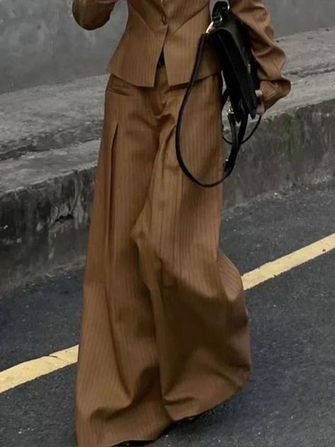 Loose Wide Leg Pleated Split-Joint Striped Pants Trousers Trendy Pants 2024, Trendy Trouser, Trousers Women Wide Leg, Wide Leg Pant Suit, Y2k Skirts, Womens Wide Leg Pants, Stripe Outfits, Loose Trousers, Office Dress