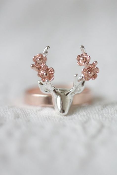 Sterling silver deer with flower ring rose gold deer by TedandMag - Love! Jewelry Sculpture, Deer Ring, Horn Pendant Necklace, Antler Ring, Horn Pendant, Moon Pendant Necklace, Swarovski Necklace, Rose Gold Jewelry, Crystal Necklace Pendant