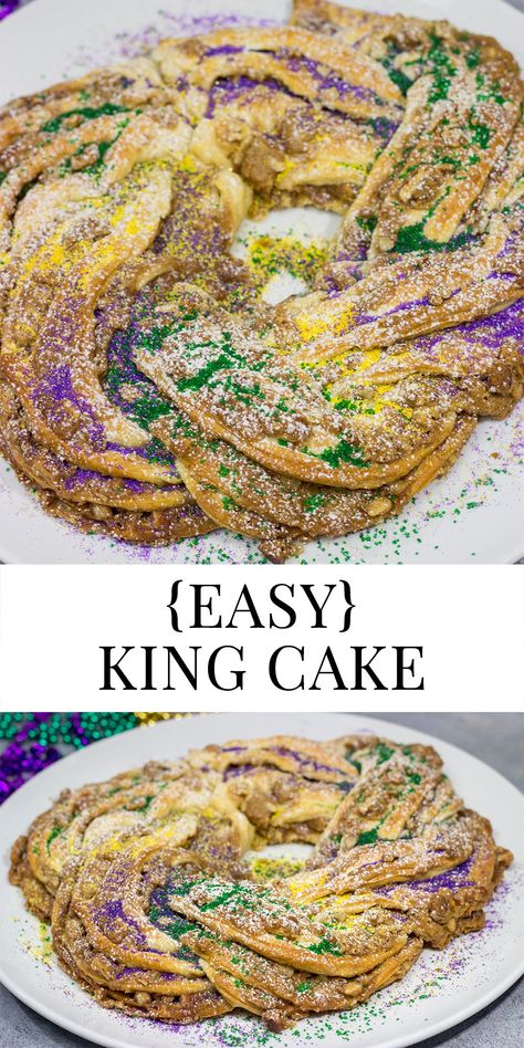 Easy King Cake | Made with refrigerated crescent dough! Easy King Cake Recipe, Easy King Cake, Mardi Gras Desserts, King Cake Recipe Easy, Mardi Gras Cake, King Cake Recipe, King Cake Baby, Mardi Gras King Cake, Mardi Gras Food