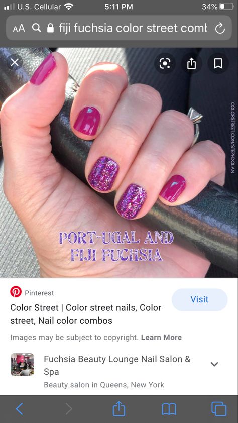 Fiji Fuschia Color Street Combo, Fuschia Color, Nail Salon And Spa, Mani Ideas, Nail Color Combos, Nail Stuff, Beauty Lounge, Street Nails, Color Street Nails