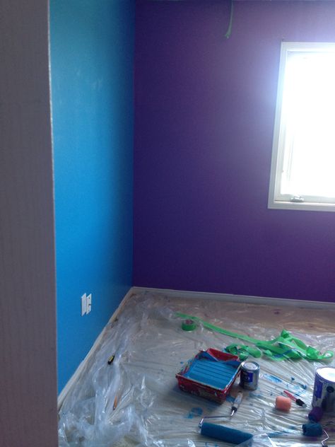 Purple And Teal Bedroom Walls, Blue And Purple Walls, Blue And Purple Wall Paint Ideas, Purple Painting Ideas Bedroom, Purple And Blue Room Ideas Bedrooms, Boys Purple Bedroom, Purple And Blue Room Ideas, Purple Boys Room, Purple And Blue Bedroom Ideas