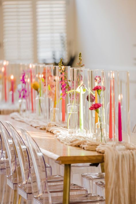 Vibrant Neon Vibes For This "Elevated Fun" Wedding In Richmond, Virginia Colorful Table Decor, Taper Candles Wedding, Colored Taper Candles, Wedding Candles Table, Colorful Centerpieces, Best Bridesmaid Gifts, Candle Wedding Centerpieces, Modern Reception, Coloured Candles