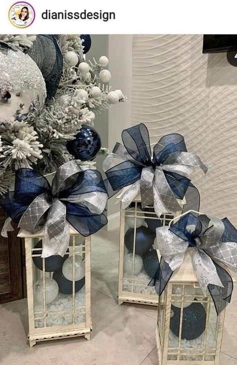 Navy Blue And White Tree, Blue And Gray Christmas Decor, Navy Blue And Silver Christmas Decor, Blue Theme Christmas Decor, Blue Silver Christmas Decorations, Blue White Silver Christmas Decor, Christmas Decor Ideas Blue And Silver, Dark Blue Christmas Decor, Blue And Silver Christmas Decor