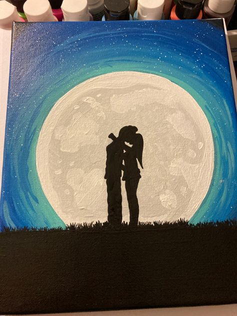 Silhoutte Ideas Painting Couple, Diy Love Painting On Canvas, Soulmate Canvas Painting, Sillouette Painting Couple Kissing, Acrylic Painting Ideas For Boyfriend, Couple Shadow Painting, Couple Silhouette Art Love, Love Painting Ideas For Him, Soulmates Painting