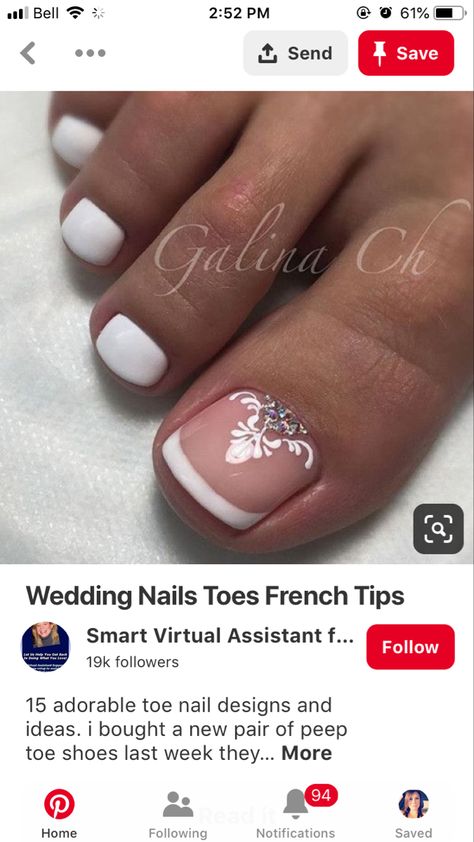 Western Wedding Nails For Bride White, French Toes With Rhinestones, White Pedicure With Gems, White On White French Pedicure, French Pedicure With Diamonds, Jasmine Nails, French Toe Nails, Bridal Nails Designs, Acrylic Toes