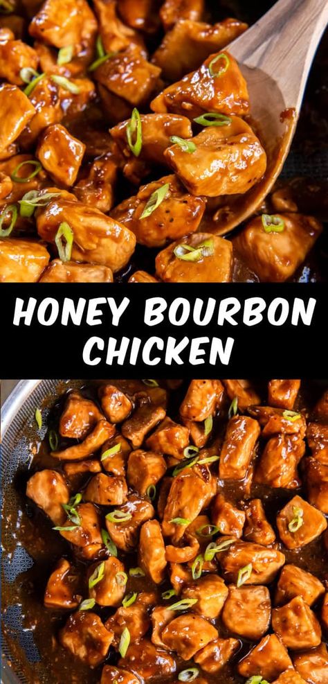 Savory pieces of chicken combine with a sweet bourbon sauce to create this Honey Bourbon Chicken recipe. This dish cooks in one skillet on the stovetop in under 30 minutes! Denny's Bourbon Chicken Skillet Recipe, Honey Chicken Recipe Easy, Bourbon Glazed Chicken, Best Bourbon Chicken Recipe, Stovetop Chicken Recipes, Meals Under 30 Minutes, Burbon Chicken, Chicken Pieces Recipes, Honey Bourbon Chicken