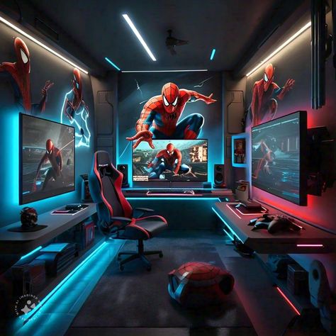 Spiderman Gaming Setup, Spiderman Bedroom, Pc Ideas, Cleanser For Oily Skin, Superhero Room, Kid Room, Room Idea, Gaming Room, Boys Bedroom