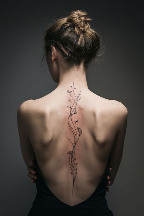 Dark Theme Tattoo Ideas, Spine Tattoos Elegant, Back Tattoo For Women Elegant, Spine Tattoo Women Unique, Women Spine Tattoo Ideas Design, Delicate Floral Back Tattoo, Back Tatoos Woman Black, Meaningful Neck Tattoos Women, Spine Tattoo Inspiration