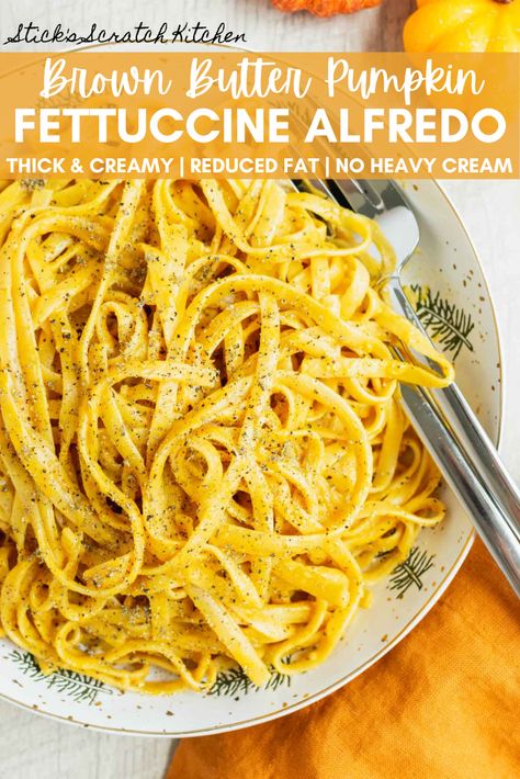 This Brown Butter Pumpkin Fettuccine Alfredo is irresistibly velvety smooth, creamy, and perfect for your next fall dinner. This recipe comes together in under 30 minutes and is surprisingly healthy! This Alfredo recipe is made with evaporated milk and 2% milk. Zero heavy cream. And the result is still insanely creamy and rich. #fettuccinealfredo 
#alfredo #pumpkinalfredo #pumpkin #alfredorecipe #healthyalfredo 
#lightalfredo #skinnyalfredo Pumpkin Fettuccine, Pumpkin Alfredo, Butternut Squash Pie, Alfredo Recipe, Broth Recipes, Fettuccine Alfredo, Fall Dinner, Evaporated Milk, Brown Butter