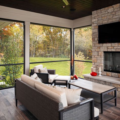 75 Screened-In Porch Ideas You'll Love - September, 2024 | Houzz Screened In Porch Outside View, Fireplace On Screened Porch, Screen In Porch Ideas, Screened In Porch With Fireplace, Modern Screened In Porch, Screened In Front Porch, Craftsman Front Porch, Porch Oak, Patio Pond