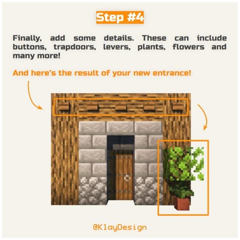 ENTRYWAY TUTORIAL | 👉 This is a preview of the type of Guides you’ll have access with the IG Subscription plan I’ll activate soon! (Infos in my highlights) 🙌 Here I explain to you how to make even the simplest door design look more interesting and cool! 😎 Do you find this useful? Lemme know in the 💬! ——————————————— - 🪴 Follow @klay.design_mc for more! - 💬 Lemme know your thoughts! - 🙌 Complementary Shaders - 🍳 Repost with credits only! ——————————————— #minecraft #minecraftbuild #minecr... Minecraft Door Design, Minecraft Creative, Mc Builds, Minecraft Tips, Minecraft Tutorial, Minecraft Building, Minecraft Creations, Minecraft Designs, Minecraft Houses