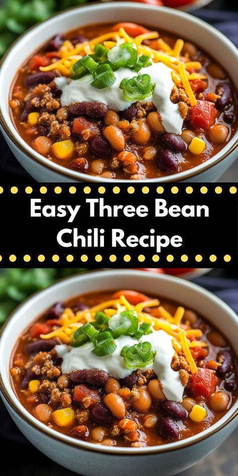 Need dinner ideas easy to whip up? This Three Bean Chili Recipe is ideal! As one of the most flavorful chili recipes, it's perfect for chili meals and dinner recipes for family, especially in a crockpot. Chili Meals, Three Bean Chili Recipe, Three Bean Chili, Bean Chili Recipe, Hearty Chili, Chili Recipe Crockpot, Chili Recipe Easy, Bean Chili, Vegan Chili