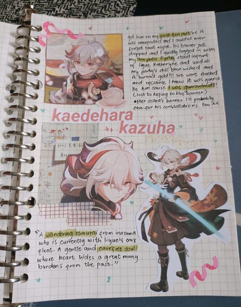 Kaedehara Kazuha Raiden Shogun Journal, Decorating My Sketchbook Cover, Genshin Scrapbook, Genshin Notes, Genshin Doodles, Genshin Impact Journal, Genshin Journal, Character Spread, Sketch Book Spreads