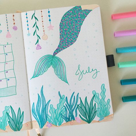 july mermaid bullet journal theme #bujo #bujoideas #bulletjournal #bulletjournaling #bulletjournalideas Mermaid Bujo Theme, Mermaid Bullet Journal, 2022 Cover Page, Mermaid Journal, Bullet Journal Lists, Journal 2024, Bullet Journel, Journal Lists, Inspiration Painting