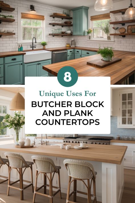 Butcher block countertops are all the rage in interior design — and for good reason!   They’re perfect for kitchen islands, countertops and even bathroom accents. But why stop there?  These stunning wood surfaces can be used for so much more! From creating extra workspace to fun DIY projects, the possibilities are endless. Kitchen Island Accent Color Butcher Block, Kitchen Inspo Butcher Block, Kitchen With Wood Countertops, Kitchens With Butcher Block Countertops, Butcher Block Countertops Kitchen, Hardwood Countertops, Resurface Countertops, Block Countertops, Wood Countertops Kitchen