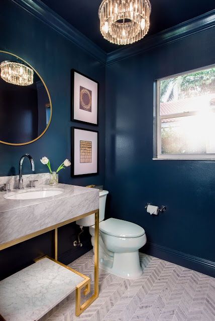 15 Blue Bathroom Ideas That Will Leave You Mesmerized | Hunker Blue Powder Rooms, Blue Powder Room, Navy Blue Bathrooms, Navy Bathroom, Grey Bathroom Tiles, White Toilet, Navy Walls, Powder Room Decor, Powder Room Design