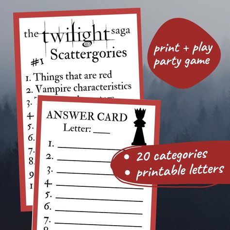 Twilight Saga Scattergories // Printable Birthday Party Game - Etsy Canada Twilight Themed Party Games, Twilight Party Games, Twilight Party Decorations, Twilight Games, Twilight Bachelorette Party, Twilight Party Ideas, Twilight Themed Party, Twilight Trip, Vampire Dinner