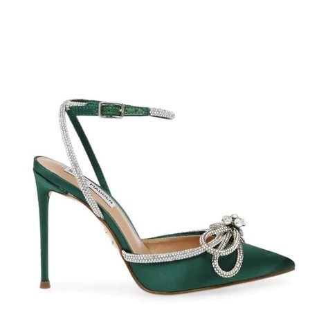 Crafted in luxe emerald satin, this dark green stiletto heel is party pump perfection. The shimmering trim and bow embellishments add dimension to the modern silhouette. Faux satin upper material Rhinestone detailing 4.25" heel height Sizing Advice: Due to the vinyl upper, this style tends to run small. We recommend ordering ½-1 size bigger than your usual size. Emerald Green Heels, Emerald Shoes, Steve Madden Store, Party Pumps, Green Heels, Satin Shoes, Prom Heels, Green Bows, Bow Heels