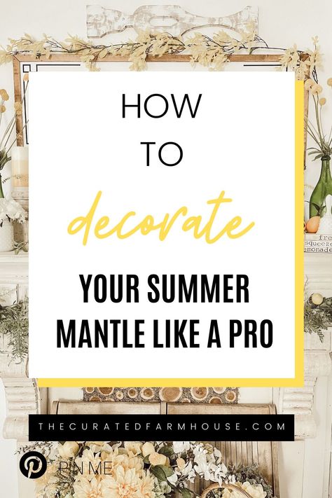 How To Decorate Your Summer Mantle Like a Pro Late Summer Mantle Decor, August Mantle Decor, Summer Mantle Decor With Tv, Summer Mantle Decorating Ideas, Summer Fireplace Decor Mantles, Decorating Ideas For Fireplace Mantel, Summer Fireplace Decor, Narrow Mantle Decor, Decorating A Mantle