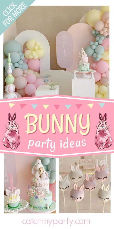 Take a look at this cute bunny-themed 1st birthday party! Love the cake! See more party ideas and share yours at CatchMyParty.com Some Bunny Is Turning Two Birthday, Bunny 1st Birthday Party Girl, Bunny Cake Birthday, Bunny Theme Cake, Bunny Birthday Party Ideas, Bunny Party Ideas, Bunny 1st Birthday Party, Bunny Themed Birthday Party, Some Bunny Is Turning One