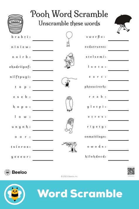 Advanced winnie-the-pooh-themed word scramble for kids ages 10 and up Winnie The Pooh Worksheets, Winnie The Pooh Activities, Word Scramble For Kids, Scramble Words, Pooh Party, Crafts And Activities For Kids, Word Scramble, Refugee Camp, Printable Crafts