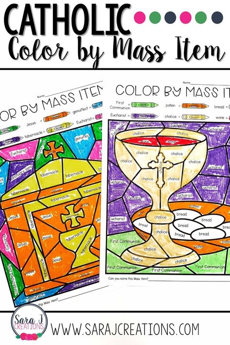 Catholic Color by Mass Item Coloring Pages - the fun and engaging way to teach your students about the items we use during Mass. Because there are five versions included, this is perfect for little ones, young children and older children as well. Perfect for your Catholic school, religious education, or Sunday school classroom. #catholic #catholickids #catholiceducation Kindergarten Catholic Activities, Catholic Education Week Activities, Eucharist Craft Catholic For Kids, Religious Education Activities Catholic, Catholic Schools Week Ideas Activities, Catholic Schools Week Activities, Awesome Coloring Pages, Mass Activities, Catholic Kids Crafts