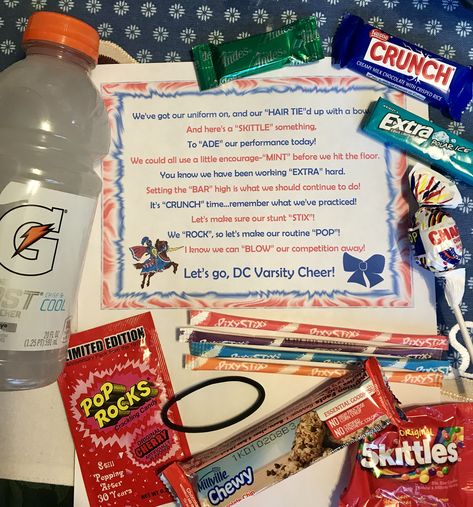 Night Before Cheer Competition, Cheerleading Survival Kit, Cheer Survival Kit, Team Treats, Sideline Cheer, Cheer Competition, Dance Team Gifts, Cheer Ideas, Competitive Cheer