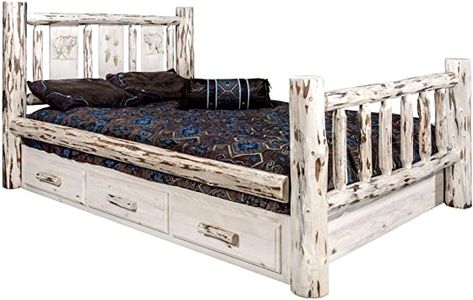 Montana Collection Twin Storage Bed w/Laser Engraved Bear Design, Ready to Finish Beds Full Size, Rustic Platform Bed, Full Bed With Storage, Twin Storage Bed, Log Bed, King Storage Bed, Black Forest Decor, Six Drawer Dresser, Style Bed