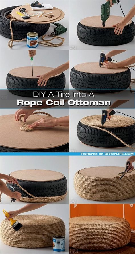 Rope Ottoman, Kursi Ban, Tire Ottoman, Tire Furniture, Diy Ottoman, Old Tires, Upcycled Home Decor, Interior Design Diy, Rustic Garden Decor