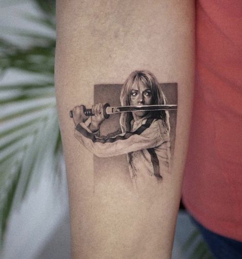 Kill Bill Tattoo, Tattoos Pequeños, Bill Tattoo, Photo Realism Tattoo, Icon Tattoo, Outer Forearm Tattoo, Scene Tattoo, Movie Tattoo, Movie Tattoos