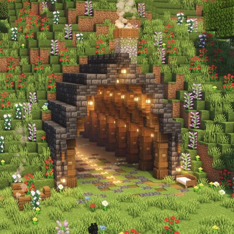 Hillside Minecraft Build, Minecraft Survival World Builds, Mc Tunnel Ideas, Minecraft Builds In Mountain, Minecraft Building Ideas In Mountain, Mountain Build Minecraft, Minecraft Mountain Tunnel, Minecraft Houses Spruce Forest, Minecraft Tunnel Entrance Ideas