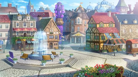 Fantasy Town, Anime Places, Fantasy Background, Scenery Background, Fantasy City, Town Square, Fantasy Places, Fantasy Setting, Square Art